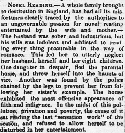 26 Aug 1858: The Dangers of Ladies Reading Novels