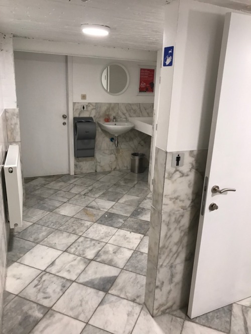 Basement restrooms at a restaurant in Gent. Aba Jour. cool marble look, men &amp; woman together.