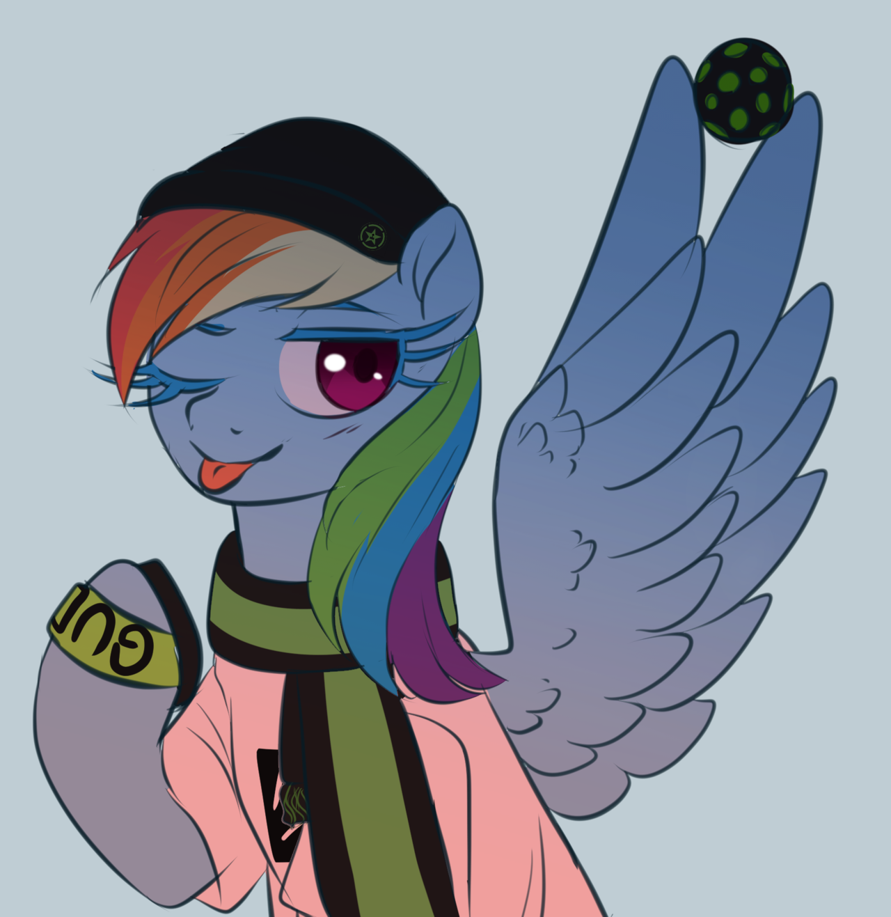 verawitch:Ko-fi commission of Rainbow Dash decked out in Achieve merch for Roadie!