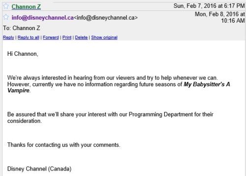 Guys, it always starts with one person&hellip;I emailed both YTV and Disney Channel Canada and this 