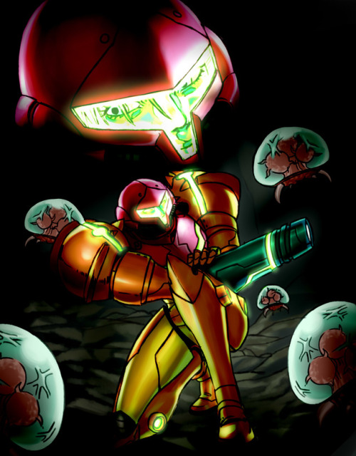 Metroid: SamusReturns  Fan art. Samus trapped with a bunch of Metroids. 