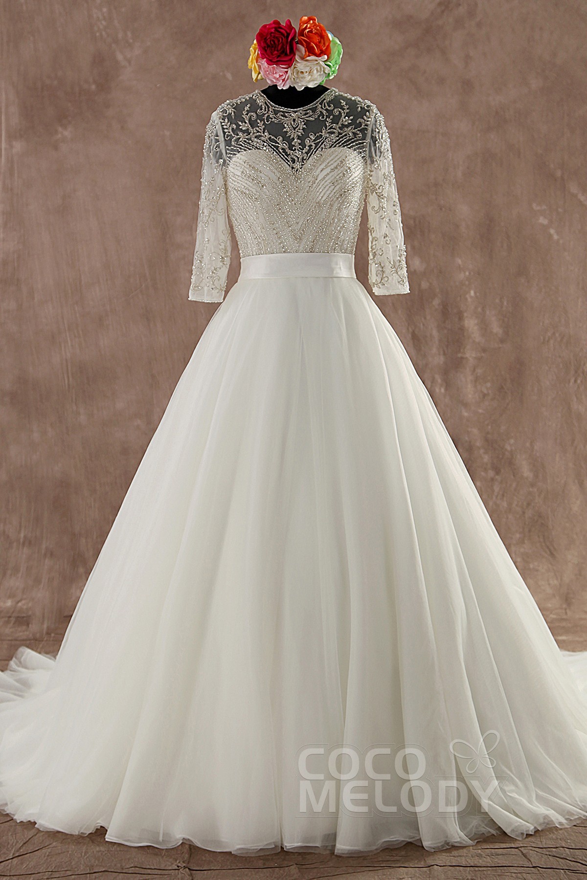 Vintage A-line Natural Train Tulle Half Sleeve Wedding Dress with Ribbons and Beading LWWT14026