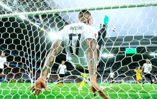 Jerome Boateng winds up in the back of the net after making an excellent goal line clearance against