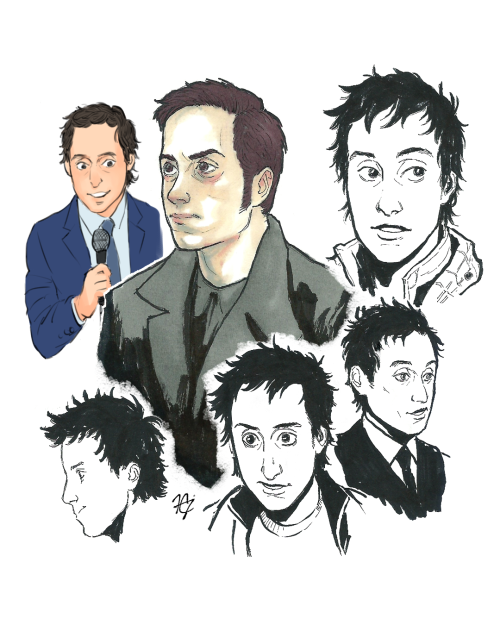 6 drawings of Jonny Harris. One is a digital drawing of him performing a stand-up routine on Still Standing. One is him as George Crabtree from Murdoch Mysteries, coloured with ink and pigment markers. The rest are different angles of his head drawn in fineliner and black brush pen.