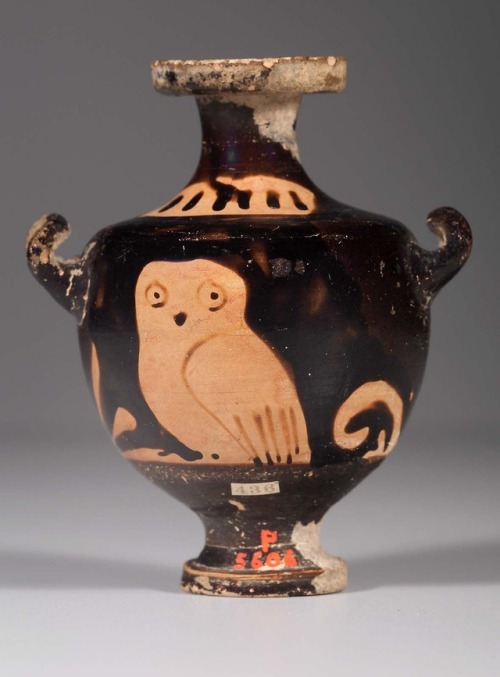 ancientanimalart:Hydria with owlGreek (Athens)Late 5th century BCEMuseum of Fine Arts, Boston