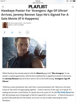 littlespyder:youtube-books-and-chocolate:I haven’t seen anyone talking about this yetHE’S SIGNED ON FOR A SOLO MOVIE (Just incase they wanna make one)  &ldquo;but let’s be honest, as of now, no one is really clamoring for more Hawkeye&rdquo;Excuse