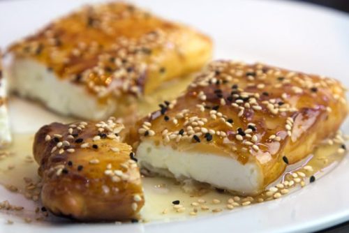 Fried feta cheese with honey and sesame