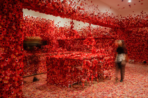 itscolossal:Yayoi Kusama’s ‘Flower Obsession’ Invites Guests to Cover a Domestic Interior With Faux 