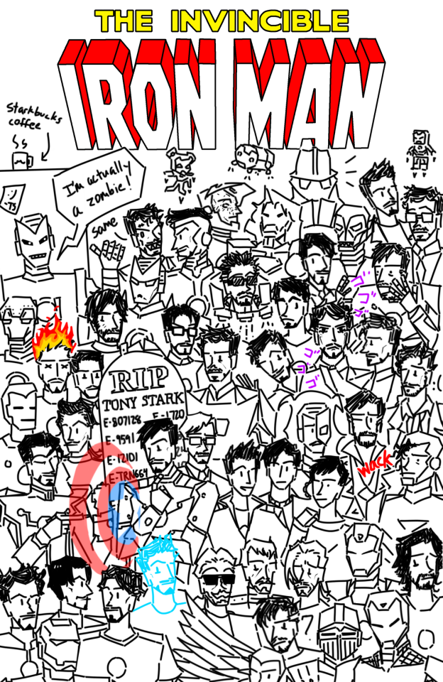 a huge mishmash collection of various tony starks from different marvel universes. the "invincible iron man" logo from the comics is at the top, creating the feel of a comic book cover