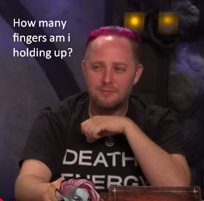 A screenshot of Taliesin from critical role, playing as caduceus, he has his eyes squinted, with a fixed gaze. He's holding his hand up in a relaxed fist, saying 
"How many fingers am i holding up?" 
there are no fingers up.