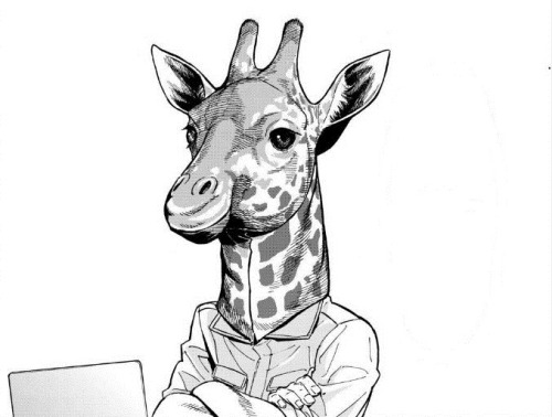 knifeandlighter:  in the manga there is text here, but honestly, it just fucks it up. this giraffe man is just looking at the internet.      fixed, also, this is what i look like. self-portrait.