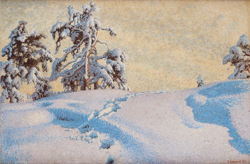 catonhottinroof:Gustaf Fjaestad (1868 - 1948) Tracks in deep snow, 1920