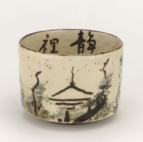 Tea bowl with design of mountain retreat, mid 18th century. Ogata Ihachi (Kyoto Kenzan II, act. 1720