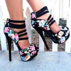 ideservenewshoesblog:  Black Floral Print 6 Inch High Heels Fabric