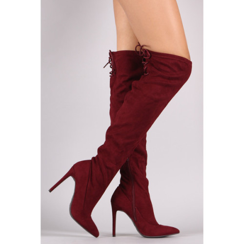 CollectiveFab Anne Michelle Suede Back Lace Up Stretchy Stiletto Boots ❤ liked on Polyvore (see more