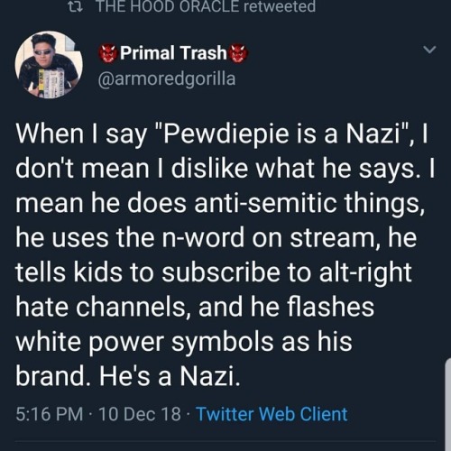 Say It With Me: PewDiePie Is A Nazi. Https://www.instagram.com/p/BrRE677l90U/?utm_source=ig_tumblr_share&igshid=f8yimyfy2q3x