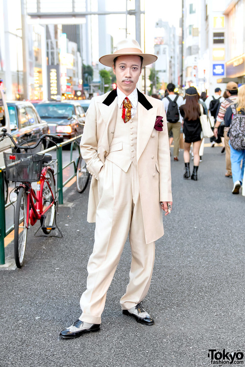 Kenji on the street in Harajuku wearing a zoot suit from the Japanese brand Juvenile Delinquent with