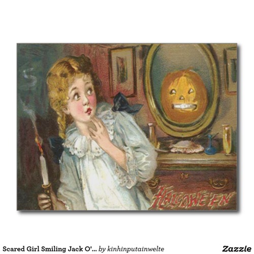 Scared Girl Smiling Jack O’ Lantern Pumpkin Postcard - $1.10 Made by Zazzle Paper Vintage Hall