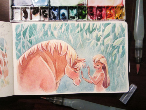 fawnv:  Here’s a new watercolor piece (and its progress pics!) for Field of Dreams fundraising event in Columbus, Ohio. Some people ask me what those weird brushes are. They are Pentel Aquash water brush. It’s a refillable water paint brush that allows