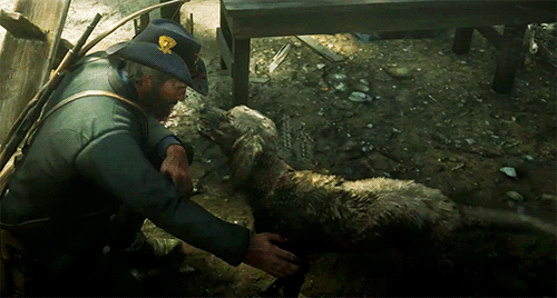 reddead-confession:Arthur Morgan + dogs