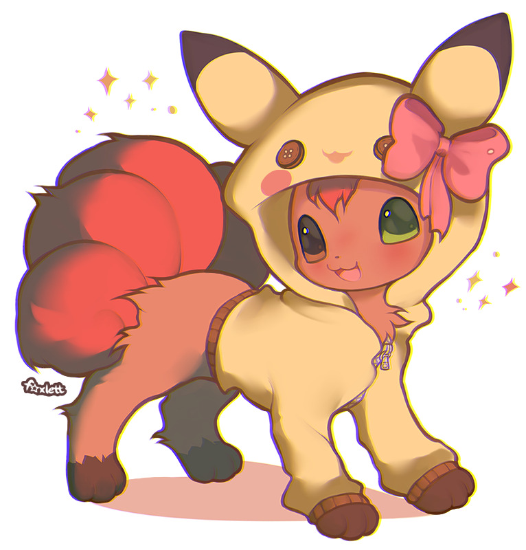 kitsumari:   A super cute commission someone asked for! Vulpix in a pikachu hoodie 💖