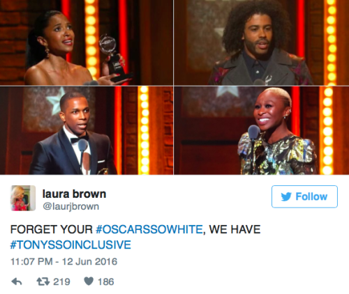 yemme:  amuzed1:  micdotcom:  Actors of color swept every musical performance category at the Tonys For the first time in Tonys history, all four of those categories — lead actor, lead actress, featured actor and featured actress — featured winners