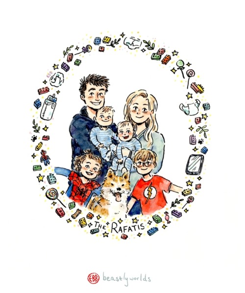 A really fun ink & watercolour family portrait commission ^^ Thanks again Leanne!