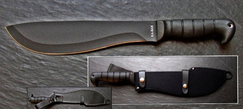 gunsknivesgear:  Ka-bar Cutlass Machete. The fearsome Ka-bar Cutlass Machete.  The hooked handle helps you retain the machete when you swing it into a terrific blow.