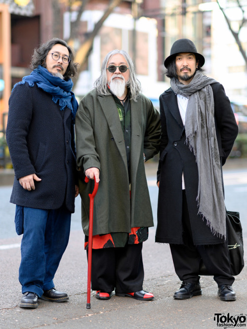 tokyo-fashion:Eiki, Susumu, and Aoba on the street in Harajuku wearing mostly fashion by legendary J