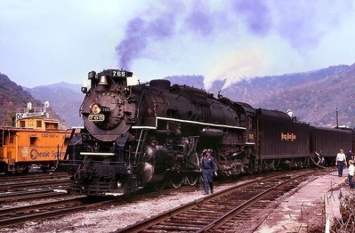 southern-railman: ‘First Picture’ “Nickel Plate Road 2-8-4 #765 is seen here receiving a drink from 