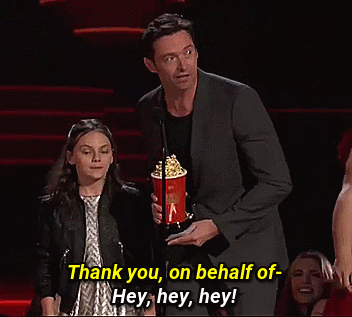 marvel-is-ruining-my-life:Hugh Jackman and Dafne Keen accept the MTV Movie Award for Best Duo for Lo