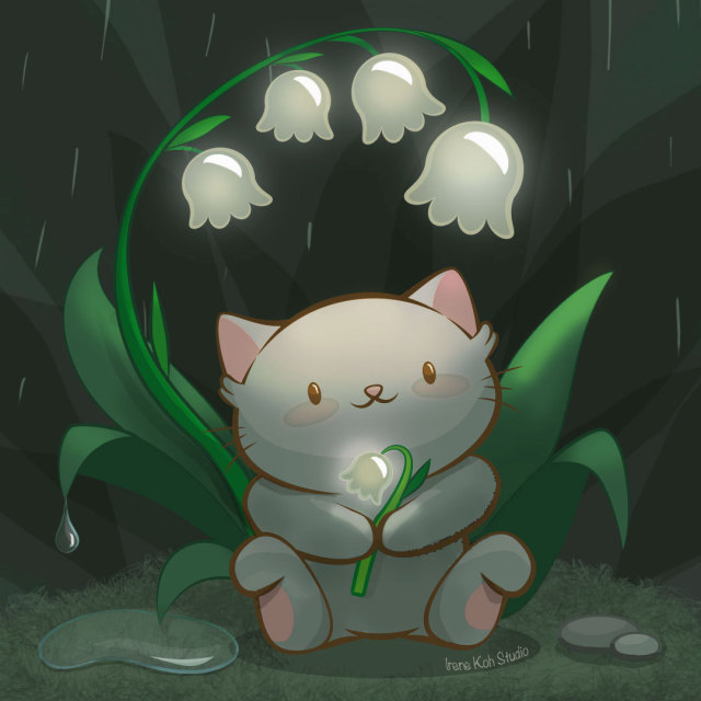 Cute illustration of a gray cat sitting under a Lily of the valley