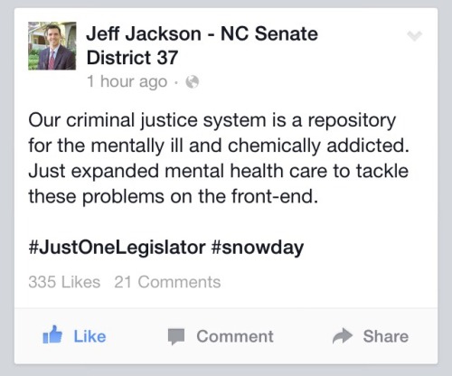 gladtoseayou:Jeff Jackson, a young Democratic NC State senator is the only senator in the general assembly today due to the snow.Awesome!