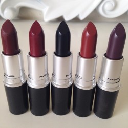 lipstick-lust: L-R: Sin, Diva, Hautecore, Paramount, and Smoked Purple