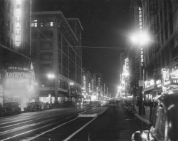 imperialgoogie:  losangelespast:  The lights are lit, the streets are empty: “Broadway at night on May 7, 1946, during a transit strike, with not a trolley in sight at 9:00 p.m., effectively killing downtown night life.” - Los Angeles Herald-Examiner