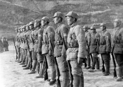 Soldiers of the Eighth Route Army on the drill field at Yan'an,capital of a large area in Northern C