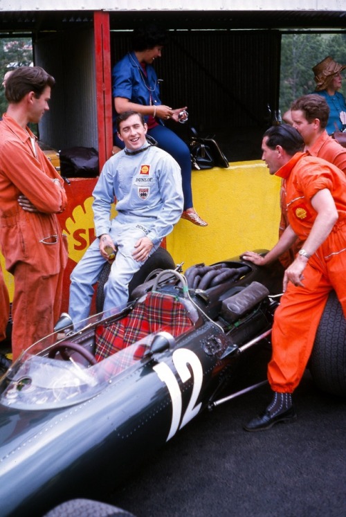 mphewitt: 1965 Grand Prix of France (photo by LH) Jackie Stewart and his BRM P261, with Bette Hill s