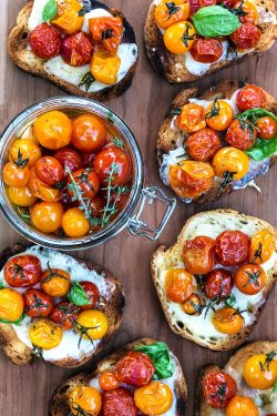 beautifulpicturesofhealthyfood:  Tomato Confit…RECIPEINGREDIENTS:1.5 lbs of cherry tomatoes1 cup of olive oil2-3 sprigs of fresh rosemary5-6 sprigs of fresh thyme5 cloves of garlic, peeledsalt and pepper to taste