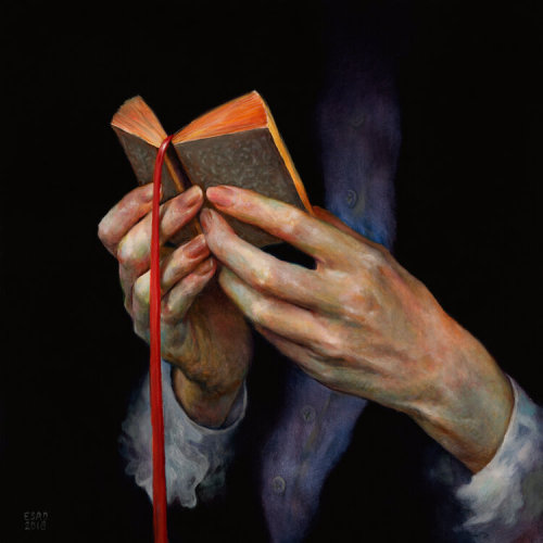 Con el libro entre manos (ilustración de Esao Andrews)