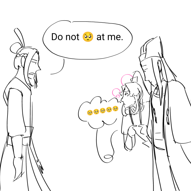 Jiang Cheng, unfazed, says "Do not at me." Jin Ling tries to harder. Jin Guangyao smiles down at Jin Ling.