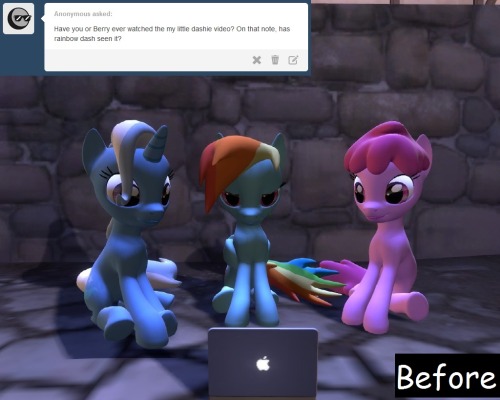 asktrixandberry:  Trixie: It…is…so sad. Berry: So…touching. Dash: I’m not crying…I…I got something in my eye during the ending.  ;w;