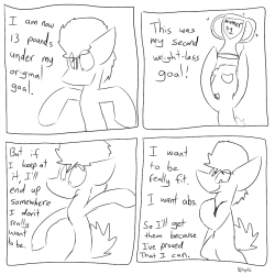 dogstomp:  My original goal was to do stuff like leg lifts and push-ups each day and report how many I did at the bottom of each comic so that I was held accountable by standards I imagine followers hold me to, but I’m working on an alternative.   ^w^!