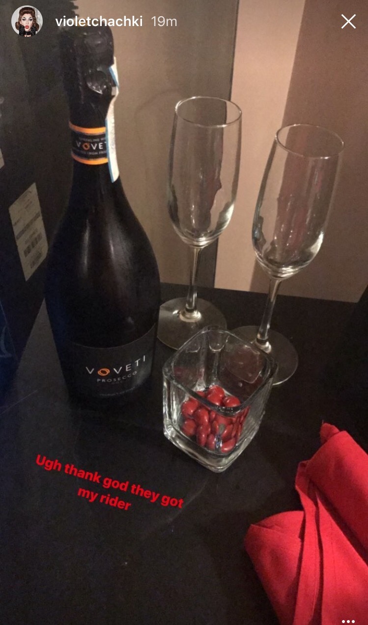 alaskamattel:  this is from violet’s insta story… champagne and red m&amp;ms
