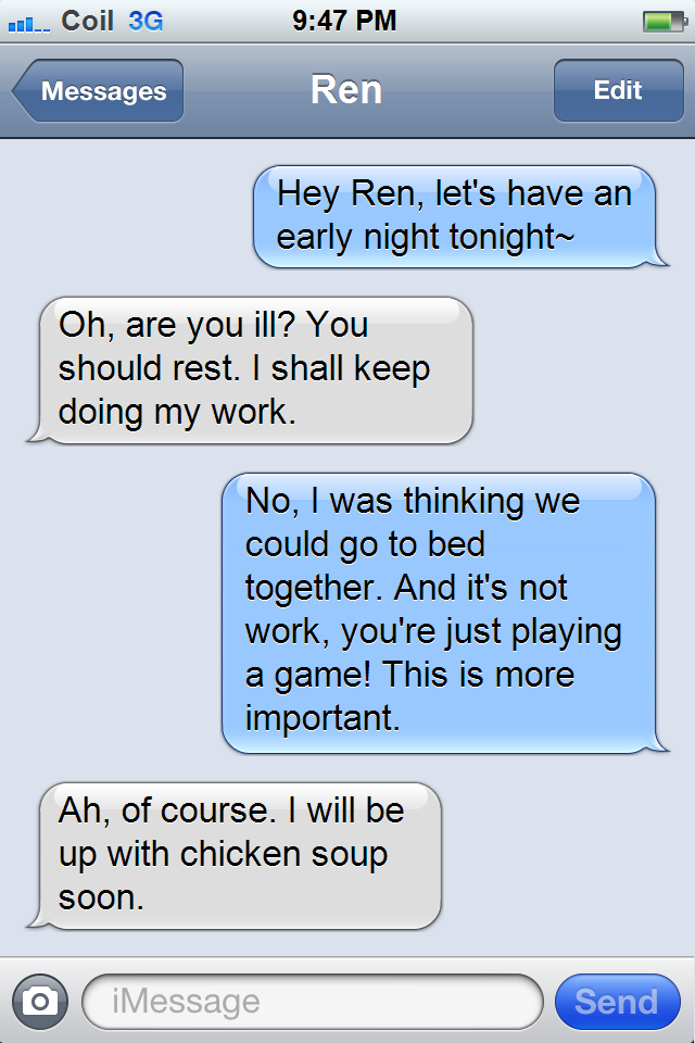 textsfromdramaticalmurder:  Jesus christ Ren, hurry up and do him already. =w= -Kai