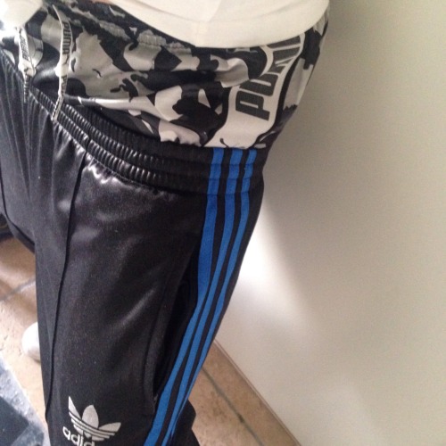 adidaswanker:Close up of my underwear! Shiny Puma Stripes Camo shorts loving those shiny trackies 