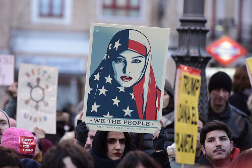 yahoonewsphotos:Protests worldwide against the inauguration of Donald TrumpA banner reading “Build b