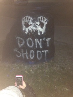 walnot:  My friends and I painted the rock at our school in support of Ferguson. Days later, someone covered it in white spray paint and tore it out of the ground and threw it in the parking lot. People are so blind, and they want to stay that way. No