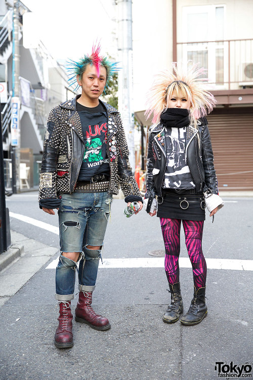 Japanese punks Kentaro &amp; Asuka with mohawk &amp; crosshawk hairstyles, studded leather &amp; lac