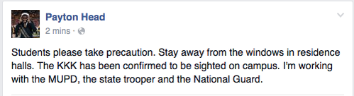 BREAKING: KKK present tonight on #Mizzou campus, says head of student body.