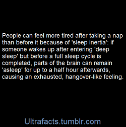 ultrafacts:  “If you take it longer than 30 minutes, you end up in deep sleep. Have you ever taken a nap and felt worse when you woke up? That’s what’s happening — you’re sleeping too long and you’re going into a stage of sleep that’s very